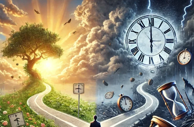 Derin düşünen insan silueti ve zaman kavramını temsil eden saat görseli