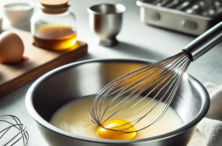 Alüminyum kapta yumurta çırpma sırasında oluşan siyahlaşmayı gösteren bir mutfak görseli.