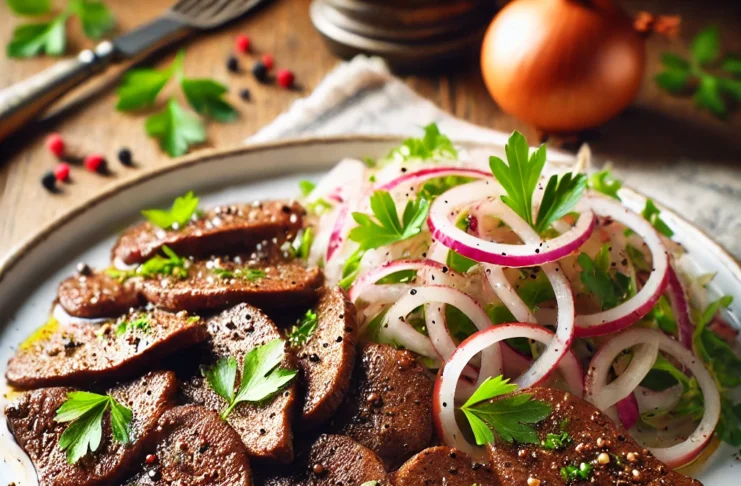 Karaciğer tavası, unlanmış ve zeytinyağında kızartılmış halde servis tabağında sunuluyor.