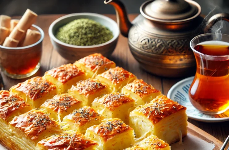 Peynirli tepsi böreği fırında kızarmış ve dilimlenmiş şekilde servis ediliyor.