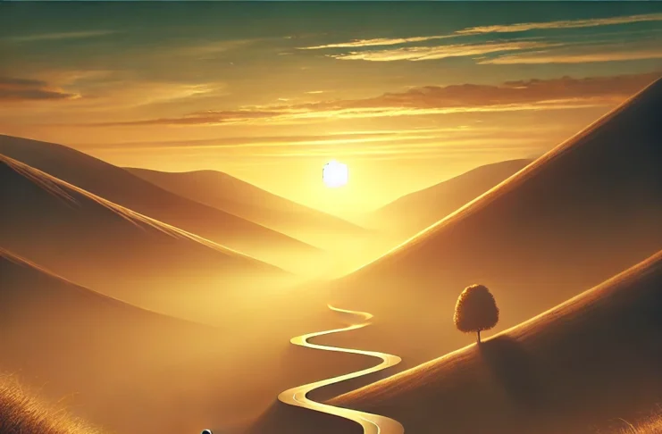 Gün batımında ilerleyen bir yol ve sabırla yürüyen bir insan silueti
