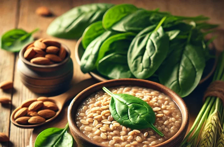 Arpa, ıspanak ve bademin sağlığa faydalarını anlatan besin görseli