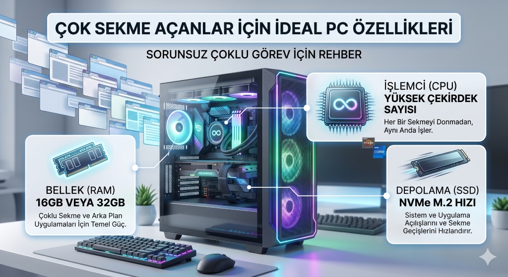 Çok Sekme Açan PC Özellikleri Çok sekme açan kullanıcılar için ideal PC donanımı - RAM CPU ve SSD bileşenleri