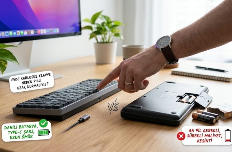 Çalışma masasında şık tasarımıyla dikkat çeken, şarj edilebilir modern bir kablosuz klavye ve fare seti düzeni.