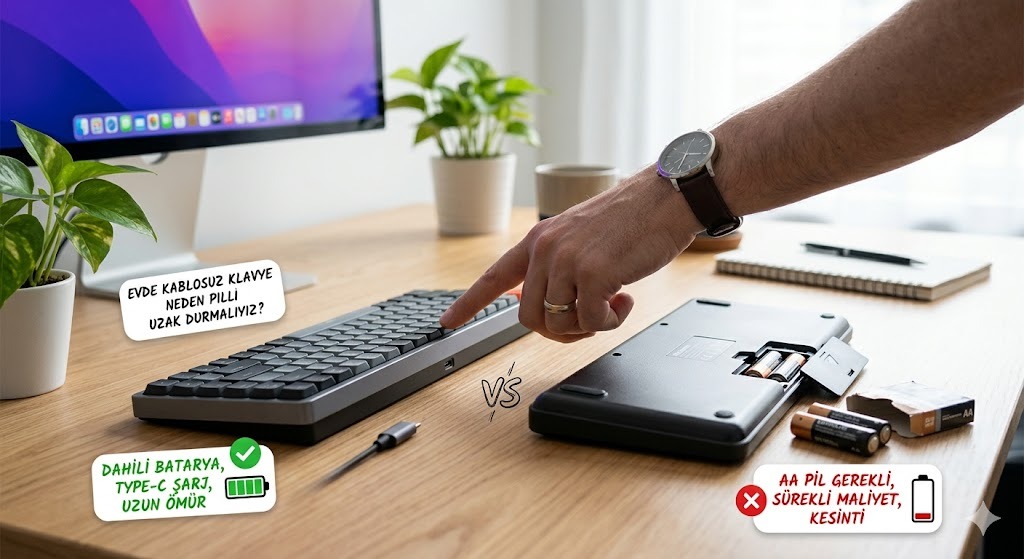 Evde Kablosuz Klavye Seçimi: Neden Pilli Modellerden Uzak Durmalıyız? Çalışma masasında şık tasarımıyla dikkat çeken, şarj edilebilir modern bir kablosuz klavye ve fare seti düzeni.