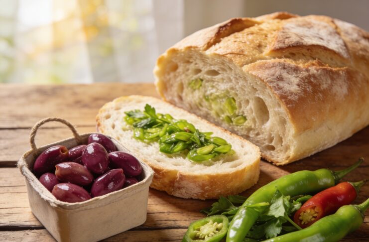 Dilimlenmiş karabuğday ekmeği ve yanında karabuğday taneleri, ahşap yüzey üzerinde