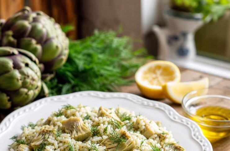 Dereotu ile servis edilmiş zeytinyağlı enginarlı pilav