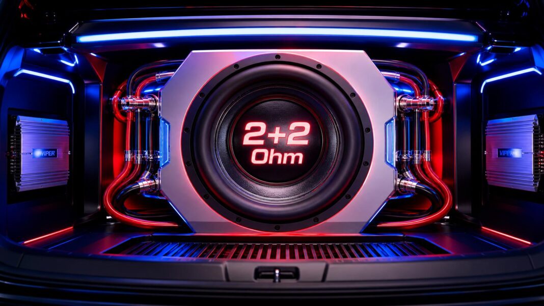 Subwoofer Alırken Neden 4 Ohm Yerine 2+2 Ohm Yazıyor? Araba bagajında yer alan, üzerinde 2+2 Ohm ibaresi bulunan güçlü ve modern bir çift ses bobinli (DVC) subwoofer sistemi.