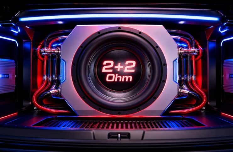 Araba bagajında yer alan, üzerinde 2+2 Ohm ibaresi bulunan güçlü ve modern bir çift ses bobinli (DVC) subwoofer sistemi.