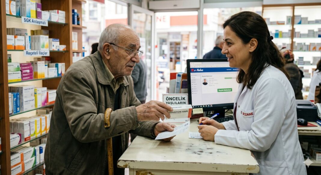 Yaşlıların Eczaneden Ödünç İlaç Alma Sorunu ve Çözüm Yolları Eczacıyla güven veren bir sohbet eşliğinde ilaç alan yaşlı bir adam