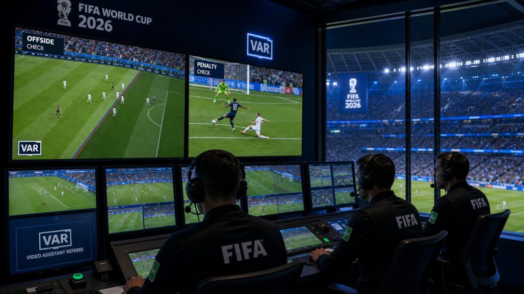 2026 Dünya Kupası VAR Teknolojisi: Nasıl Çalışıyor, Neleri Değiştiriyor? VAR odasında çoklu ekranlardan 2026 Dünya Kupası maçını inceleyen hakemlerin yer aldığı modern kontrol alanı görseli