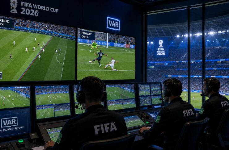 VAR odasında çoklu ekranlardan 2026 Dünya Kupası maçını inceleyen hakemlerin yer aldığı modern kontrol alanı görseli
