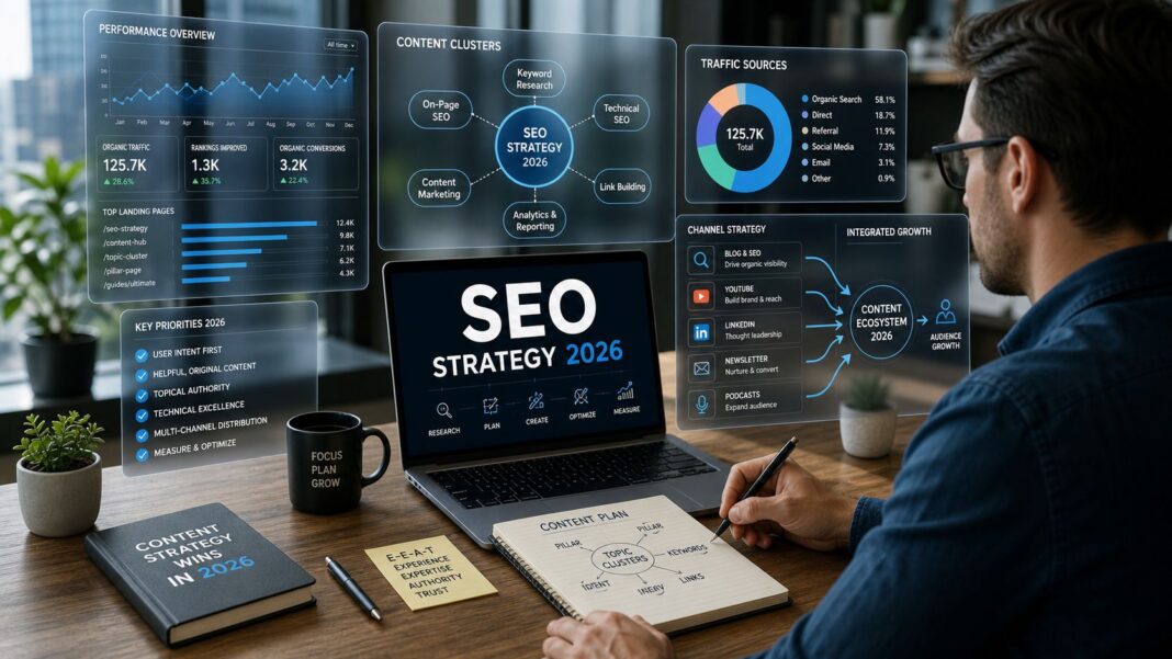 Blog Trafiği Artırma Rehberi: Gerçekten İşe Yarayan 8 Strateji 2026 SEO stratejisi planlayan kişi ve içerik optimizasyon ekranı Kategori: Rehber & İpuçları blog trafiği