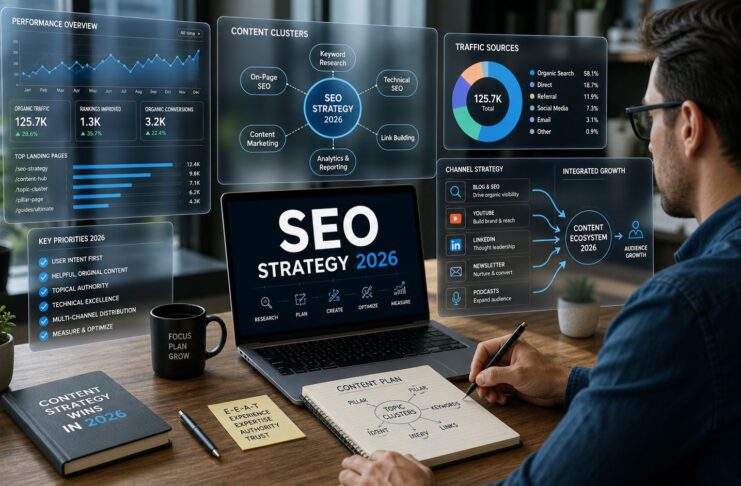 2026 SEO stratejisi planlayan kişi ve içerik optimizasyon ekranı Kategori: Rehber & İpuçları blog trafiği