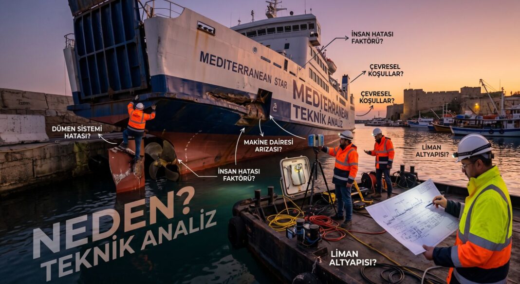 Girne Feribot Kazası Analizi: Bir Mühendisin Gözünden Nedenleri Girne Limanı'nda kaza yapmış feribotun teknik analiz ekibi tarafından incelenmesini gösteren infografik fotoğraf.