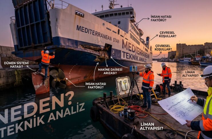 Girne Limanı'nda kaza yapmış feribotun teknik analiz ekibi tarafından incelenmesini gösteren infografik fotoğraf.