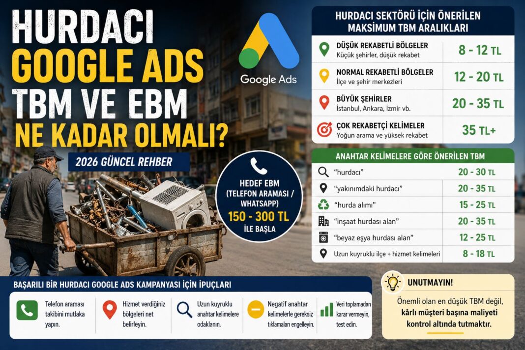 Hurdacı Google Ads TBM ve EBM Ne Kadar Olmalı? 2026 Rehberi Hurdacı işletmeleri için Google Ads TBM ve EBM maliyet rehberi